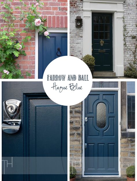 Swoon Worthy: Front of House: Gettin' my Farrow & Ball On (the door that is) Hague Blue Exterior House, Hague Blue Front Door, Hague Blue Front Door Farrow Ball, Farrow And Ball Hague Blue Front Door, Farrow And Ball Front Door Colours, Black Front Door Interior, Front Door Farrow And Ball, Exterior Shutter Colors, Exterior Front Door Colors