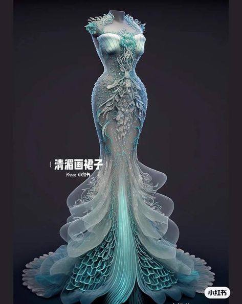 Ocean Fantasy Mermaid Dresses Fashion Couture, Ocean Themed Dress Drawing, Fish Dress Fashion Style, Water Themed Dress, Sea Themed Dress, Fae Ball, Prom 2k24, Clothes Fancy, Royal Au