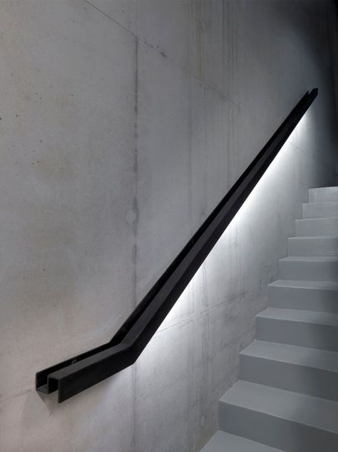 13 industrial metal handrail with LED lights underneath - DigsDigs Stairs Lighting, Metal Handrails, Stairway Lighting, Handrail Design, Staircase Handrail, Staircase Lighting, Stair Case, Stair Handrail, Staircase Railings