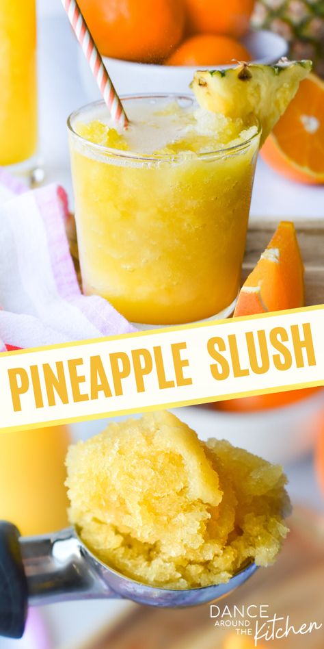 Pineapple Slush is easy to throw together, refreshing and so incredibly delicious! Perfect any time of year, including those hot summer days and winter holiday parties!  #Pineapple #Slushie #FrozenDrink #Orange Pineapple Slush Alcohol, Summer Slushies Non Alcoholic, Yellow Slushie, Pineapple Slushie Recipe, Frozen Fruit Slush Recipes, Orange Slushie Recipe, Frozen Slush Recipes, Fruit Slush Recipes, Alcohol Slush Recipes