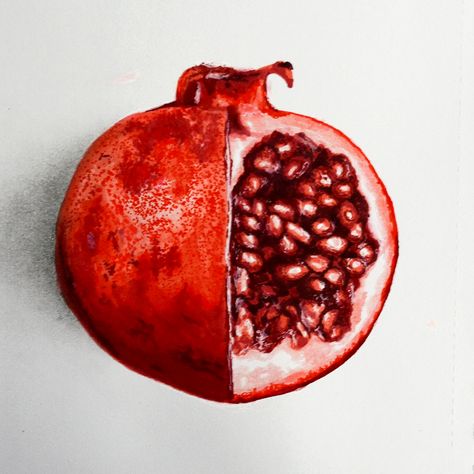 Drawn with water-based markers. Background shaded with graphite. Drawing of sliced open pomegranate fruit. Fruit Cut In Half, Open Pomegranate, How To Open Pomegranate, Pomegranate Drawing, Food Drawings, Pomegranate Fruit, Food Drawing, Pomegranate, Art Ideas