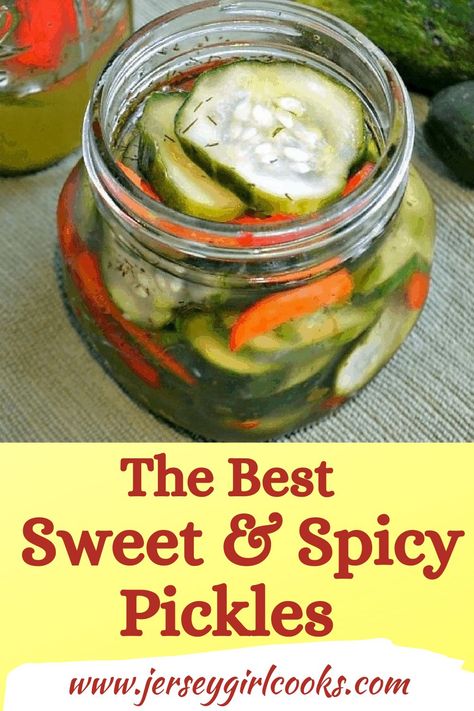 Sweet and Spicy Refrigerator Pickles are made with just a few simple ingredients. If you don't want to deal with canning, these easy homemade cucumber pickles are for you! #refrigeratorpickles #picklesrecipe #sweetspicypickles #condiment #pickles Pickle Recipes With Pickling Spice, Sweet And Spicy Garlic Refrigerator Pickles, Sweet And Hot Pickles Canning, Sweet And Spicy Canned Pickles, Sweet Heat Pickles Canning, Spicy Fridge Pickles, Spicy Sweet Pickles Recipe, Crispy Refrigerator Pickles, Canning Cucumbers Easy