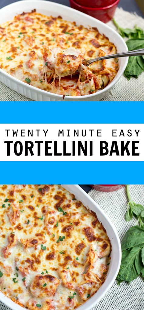 twenty-minute-easy-tortellini-bake-collage Recipe Using Tortellini, Tortellini Meatball Bake, Super Ideas Dinners Easy Meals, Recipes Using Tortellini, Easy Tortellini Bake, Easy Tortellini, Slow Cooker Spaghetti Sauce, Slow Cooker Spaghetti, Tortellini Bake