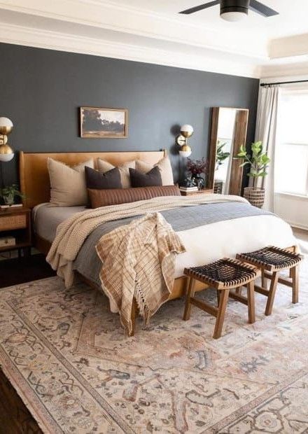 Dark Wood Floor Bedroom Ideas, 2024 Bedroom, Bedroom Makeovers, Interior Design Per La Casa, Mid Century Modern Bedroom, Office Nook, Bedroom Master, Primary Bedroom, King Bedroom