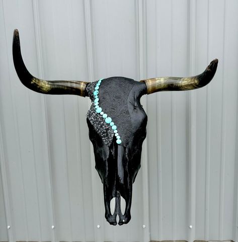 Custom hand decorated bull skull. 23" tip to tip. turquoise, tooled leather and black stone. 100% authentic real skull and horns. Black Cow Skull, Decorated Bull Skull, Elk Skull Art, Painted Deer Head, Cow Skull Painted, Cow Skull Ideas, Longhorn Mount, Decorated Cow Skulls, Diy Skull Decor