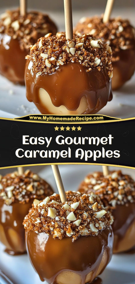 These Gourmet Caramel Apples are a sweet treat made with crisp apples, silky caramel, and optional toppings like nuts, chocolate drizzle, or sprinkles. Perfect for fall or holiday celebrations!

Ingredients:

4 apples
1 cup caramel, melted
Optional toppings: nuts, chocolate, sprinkles
Make these easy gourmet caramel apples with crisp apples and a rich caramel coating. Add nuts, sprinkles, or chocolate for a festive treat everyone will love Christmas Caramel Apples, Chocolate Caramel Apple Slices, Easy Carmel, Caramel Apple Gifts, Baked Caramel Apples, Caramel Apple Slices, Chocolate Caramel Apples, Gourmet Caramel Apples, Caramel Apples Recipe