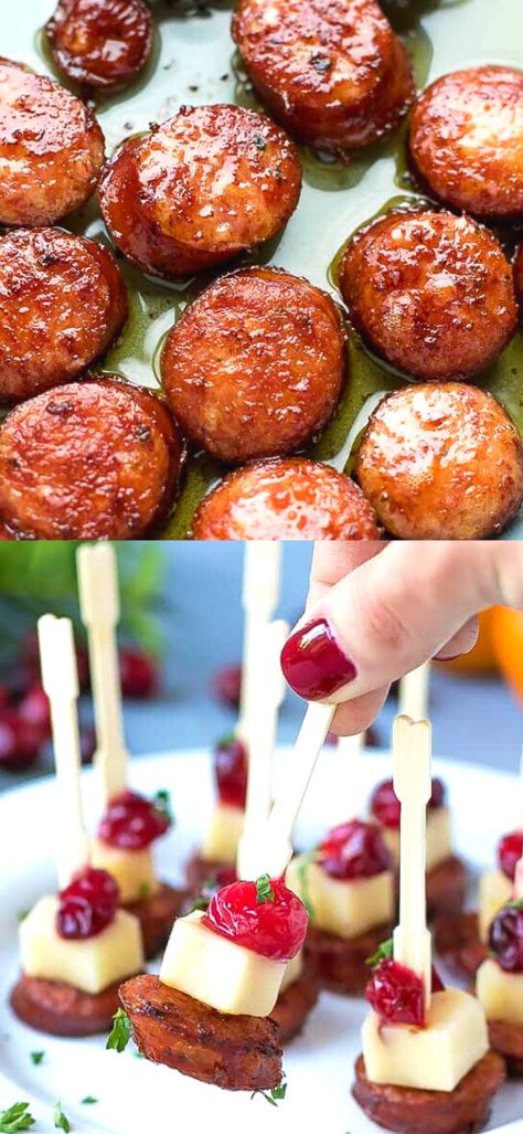 Appetizers With Andouille Sausage, Holiday Pick Up Food, Savory Winter Appetizers, Smoked Sausage Cranberry Bites, Fall Meat Appetizers, Sliced Sausage Appetizers, Andouille Sausage Appetizer Recipes, Small Bites Appetizers Fall, Sausage Hors D’oeuvres