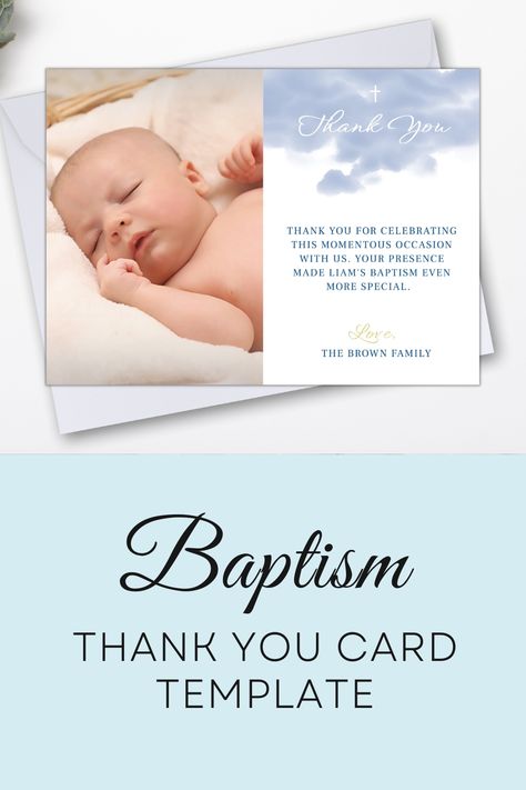 Baptism Thank You Card Template, Editable Christening Thank You Card with Photo, Printable First Communion Thank You Card, Light Blue Sage Green Watercolor, Christening Thank You Cards, Baptism Thank You Cards, Card With Photo, Thank You Card Template, Green Watercolor, Instant Download Printable, First Communion, Etsy Printables