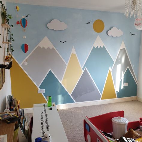 Wall Mountain Painting, Playroom Mountain Wall, Kids Bedroom Wall Painting Ideas Boys, Wall Paint Mountains, Nursery Ideas Wall Paint, Kids Mountain Mural, Kids Room Mountain Wall, Mountains Wall Painting, Kids Mountain Bedroom