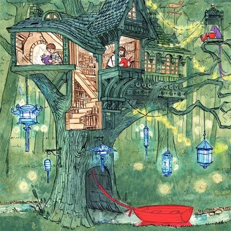 One of my childhood dreams: Live on a tree house with nooks filled with books :D Have that vision after reading a children book about a bunny living in a tree, only that bunny drinks tea instead of chewing carrots. Maybe he's a Brit :D anyway this is a close visual of that dream Wordless Book, 동화 삽화, Reading Art, Arte Fantasy, Childrens Illustrations, Malbec, Print Artist, Children's Book Illustration, A Drawing