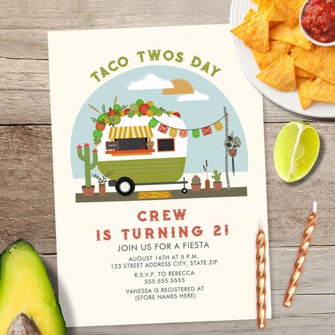 Taco Twosday 2nd Birthday Invitation Green Camper Taco Twosday Birthday Girl, Twosday Birthday Party, Taco Twosday Birthday Party, Taco Birthday Party, Taco Twosday Birthday, Pink Camper, Taco Birthday, Taco Twosday, Taco Taco