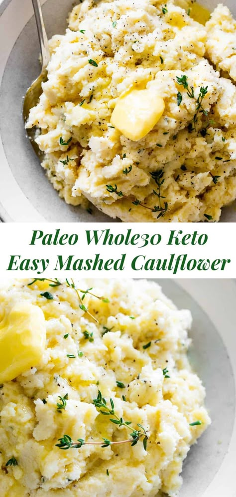 This is the simplest and most delicious recipe for mashed cauliflower (or cauliflower mashed potatoes!) Whether for a holiday dinner or anytime meal, this mashed cauliflower is super flavorful with savory garlic and fresh herbs, a side dish that will complement any main course and even steal the show! Paleo, Whole30, Keto and vegan option. #paleo #whole30 #keto #cleaneating Paleo Mashed Cauliflower, Paleo Baking Recipes, Paleo Thanksgiving Recipes, Mashed Cauliflower Recipe, Paleo Running Momma, Paleo Christmas, Cauliflower Mashed, Paleo Vegetables, Thanksgiving Side Dishes Healthy