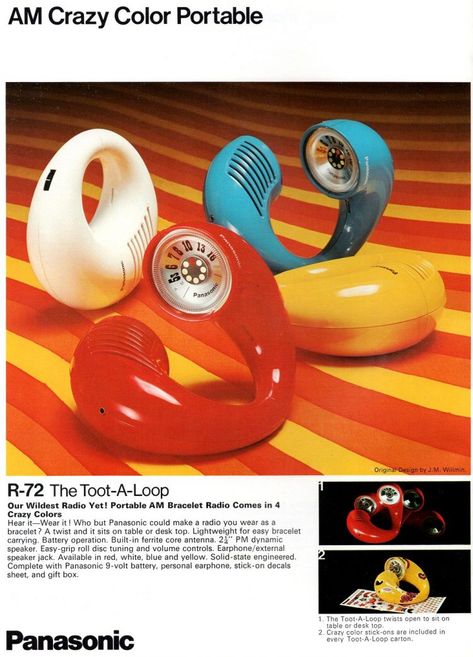 See the vintage Toot-A-Loop & Panasonic's other wacky portable radios from the '70s - Click Americana 70s Toys, Music Tech, Vintage Phones, The Seventies, Portable Radio, Shapes And Colors, Space Jam, Crazy Colour, Colorful Gifts