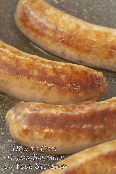 A closeup image of Italian sausages frying in a pan. Cooking Italian Sausage On Stove, Best Way To Cook Italian Sausage, How To Cook Sweet Italian Sausage, How To Cook Italian Sausage Links, How To Cook Sausage On Stove, How To Cook Italian Sausage On Stove, How To Cook Italian Sausage, How To Make Italian Sausage, Fried Italian Sausage