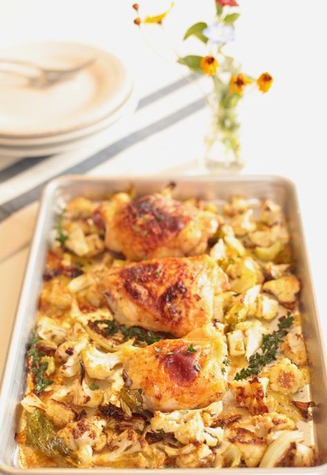 Roasted honey mustard chicken and cauliflower is an easy sheet pan meal with tons of flavor.  I love the honey mustard dressing over salad, too! | Kitchenskip.com #chickenrecipes #sheetpanmeal Chicken Food Recipes, Chicken And Cauliflower, Chicken Cauliflower, Sheet Pan Suppers, Honey Mustard Dressing, Honey Mustard Chicken, Mustard Chicken, Pan Dinners, Mustard Dressing