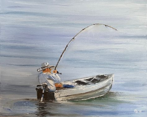 Fishing Boats Painting, Fly Fishing Art Painting, Man Fishing Painting, Fishing Boat Art, Fisherman Painting, Fishing Boat Painting, Boat Painting Acrylic, Fisherman Art, Fishing Painting