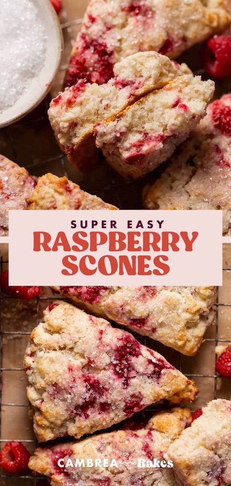 Bursting with juicy, fresh raspberries and boasting a melt-in-your-mouth texture, these raspberry scones are even better than from a bakery! With a soft, plush crumb and a slightly crunchy exterior, they are perfectly sweet and rich without being dry or chalky. Fresh Raspberry Scones, Raspberry Scones With Frozen Raspberries, Raspberry Crumb Cookies, Raspberry Scones Pioneer Woman, Raspberry Cream Cheese Scones, Raspberry Almond Scones, Easy Raspberry Scones, Raspberry Orange Scones, Homemade Scones Recipes