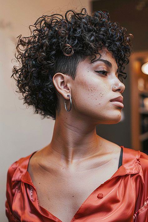 Short Curly Fade Women, Long Pixie Curly Hair, Curly Short Hair Korean, Undercut Curly Hair Woman, Hair Korean Style Short, Style Curly Short Hair, Curly Pixie Mohawk, Short Layered Haircuts Curly Hair, Short Curly Mullet Hairstyle Women