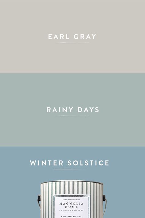 Cozy up this season with a quick & easy paint color change that will transform your home with inspiration from Joanna Gaines. Earl Gray is a light pale gray. Rainy Days is a powder blue with a slight overcast gray tint. Winter Solstice is a washed denim blue. Find these shades, and more, online or in stores. Rainy Days Paint Color, Joanna Gaines Paint, Cool Winter Color Palette, Magnolia Paint, Winter Color Palette, House Color Palettes, Cool Winter, Bedroom Wall Colors, House Color Schemes