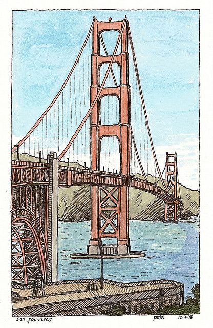 golden gate bridge - Google Search Golden Gate Bridge Drawing, Bridge Drawing, Bridge Art, Pen Art Drawings, Abstract Art Painting Diy, Architecture Drawing Art, Architecture Painting, Art Diary, Watercolor Art Lessons