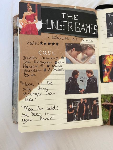 This is the left page of my the hunger games journal spread. I wrote three quotes from the characters, how much I rated the movie and the cast members. To make it look more aesthetically pleasing I also used photos of the scenes and black and brown paper for the background. Film Journal Cover, Bordem Busters, Movie Scrapbook, Process Journal, Harry Potter Scrapbook, Hunger Games Fan Art, Disney Notebook, The Hunger Games Book, Movie Journal