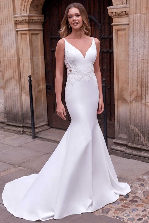 Adore by Justin Alexander - Style 11191: Clean Fit and Flare Dress with Beaded Illusion Side Cutouts Justin Alexander Wedding Dress, Crepe Wedding Dress, Justin Alexander, Back Wedding Dress, Wedding Dresses Beaded, Wedding Dresses For Sale, Allure Bridal, Best Wedding Dresses, Necklines For Dresses