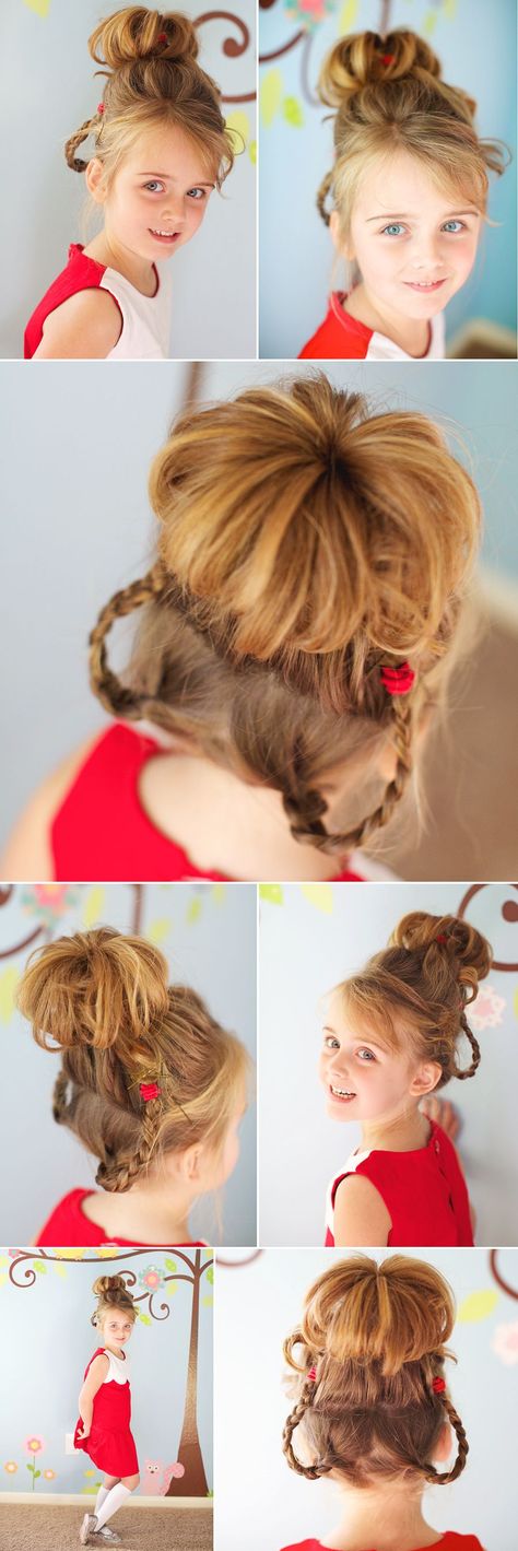 Cute hair idea for the Christmas party!  the theme is Whoville #cindylouwhohairstyle Cute hair idea for the Christmas party!  the theme is Whoville Dr Seuss Hairstyles Girls Ideas, Grinch Hair Ideas, Who Hair Dr Suess, Cindy Lou Hair, Whoville Party, Grinch Hair, Whoville Costumes, Cindy Lou Who Hair, Christmas Costumes Diy