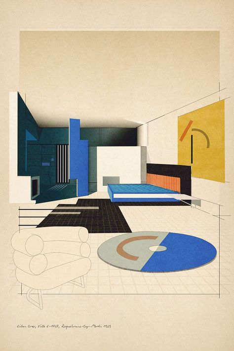 Bauhaus Interior Design, Bauhaus Interior, Eileen Gray, Architecture Graphics, Interior Sketch, Mid Century Modern Interiors, Interior Illustration, Affinity Designer, Limited Edition Art Print