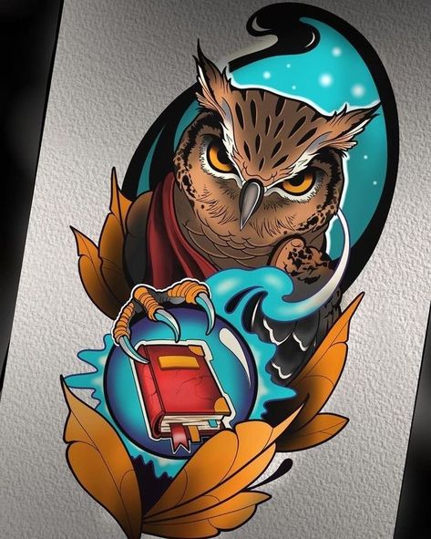 Tattoo Sketch Art, Traditional Owl Tattoos, Fenrir Tattoo, Neo Traditional Art, Owl Tattoo Drawings, Colored Tattoo Design, Vogel Tattoo, Neo Tattoo, Cobra Art