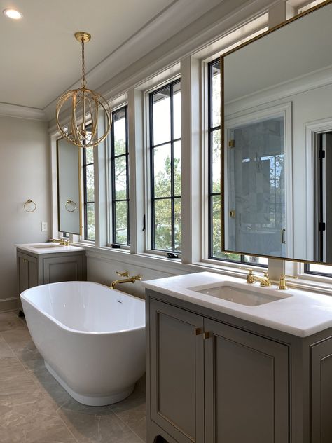 The Willows — Defining Home Design Group Soaking Tub Between Two Vanities, Grey Vanity, Houston Houses, Master Bath Vanity, Bathroom Design Layout, Bath Renovation, Bathroom Design Inspiration, Bathroom Goals, Master Bed