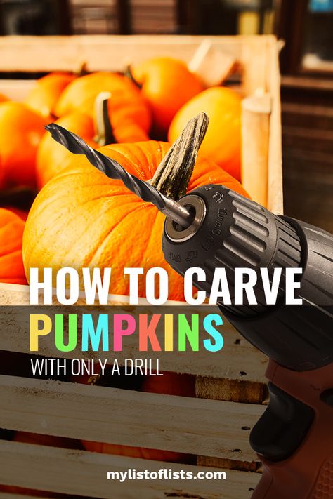 Pumpkin carving tools are sharp, and carving with those tiny tools can take forever. Plus, lets be honest, it’s kind of a mess!  I find pumpkin goop in my hair for days! If you trust your kiddos with a power drill (I guess this is no safer than the pumpkin carving tools..) or just a handheld screw driver, you might want to try carving your pumpkins with a drill! #pumpkin #carving #fall Drilling Pumpkins Ideas, Pumpkin Carving Drill Patterns, Drill Pumpkin Carving, Pumpkin Carving With Drill, How To Carve Pumpkins, Best Pumpkin Carving Tools, Small Pumpkin Carving Ideas, Pumpkin Drilling, Pumpkin Carving Tools