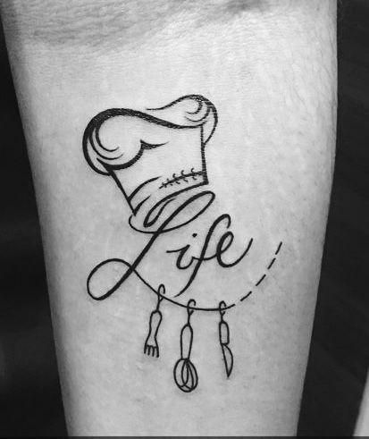 Chef Tattoo Ideas For Men Small, Small Cooking Tattoo, Chef Inspired Tattoos, Cooking Tattoo Ideas For Women, Pastry Chef Tattoo Ideas, Bakers Tattoo Ideas, Female Chef Tattoo, Baker Tattoo Ideas, Culinary Tattoos For Women