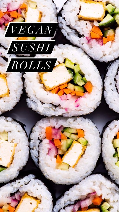 These vegan sushi rolls have crispy tofu, raw carrots and cucumbers, quick-pickled onions, and spicy mayo. No special equipment needed! thenewbaguette.com Carrots And Cucumbers, Tofu Sushi, Tofu Seasoning, Vegan Sushi Rolls, Vegetarian Asian, Veggie Sushi, Vegetarian Sushi, Quick Pickled, Raw Carrots