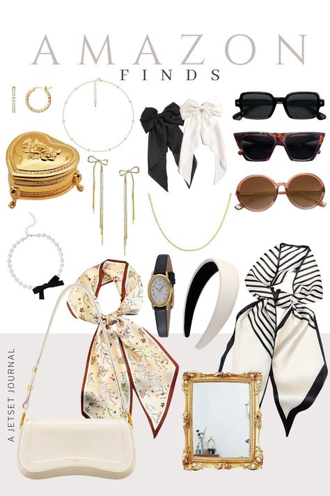 Embrace the 'Old Money' aesthetic without breaking the bank with these chic Amazon finds! Classic scarves in various patterns for versatile styling. Elevate your look with a timeless watch featuring a small black band and gold detailing. Bows are a must for the aesthetic – opt for adorable bow drop earrings and a pearl and bow detail choker necklace. Complete the effortlessly chic vibe of these old money outfit ideas with black or white bows in your hair. Bows Aesthetic Outfit, Old Money Headband, Old Money Essentials Woman, Old Money Accessories Woman, Old Money Earrings, Old Money Necklace, Old Money Accessories, Aesthetic On A Budget, Money Accessories