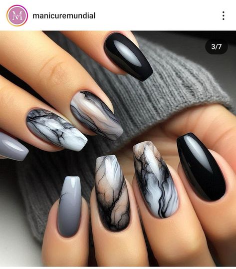 Grey And White Gel Nails, Matt White Nails With Design, Black White Gray Silver Nails, Matte Marble Nail Designs, Grey Gothic Nails, Smokey Marble Nails, Gray And Black Nails Ideas, Black And Silver Marble Nails, Gel Polish Nail Designs Black