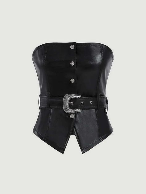 SHEIN MOD Button Front PU Leather Tube Top | SHEIN USA Leather Tube Top, Top Shein, Tumblr Outfits, Stage Outfits, Love Is Sweet, Women Tops, Tube Top, Pu Leather, Womens Tops