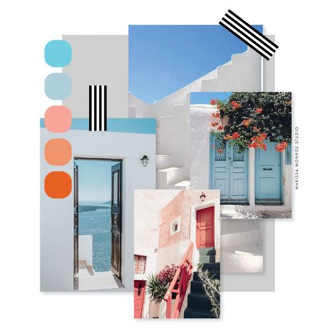 Santorini Mood Board, Santorini Color Palette, Resort Mood Board, Resort Color Palette, Coastal Branding, Mood Broad, Greece Print, Greece Aesthetic, Web Design Social Media