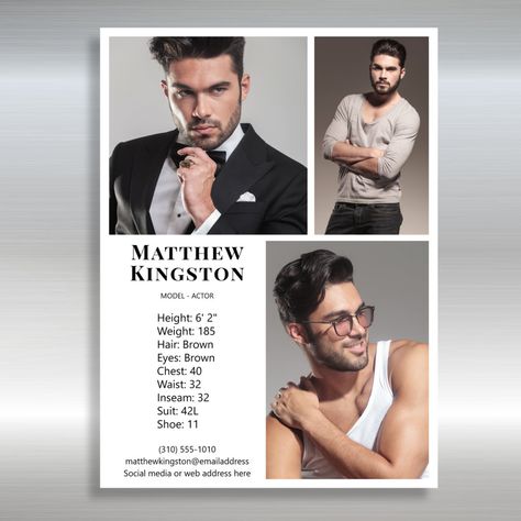 Actor Model 3 Photo Pro Comp Card Template White Male Model Comp Card, Male Digitals, Print Fashion Runway, Actor Portfolio, Mens Portraits, Model Comp Card, Comp Card, Acting Auditions, Model Headshots