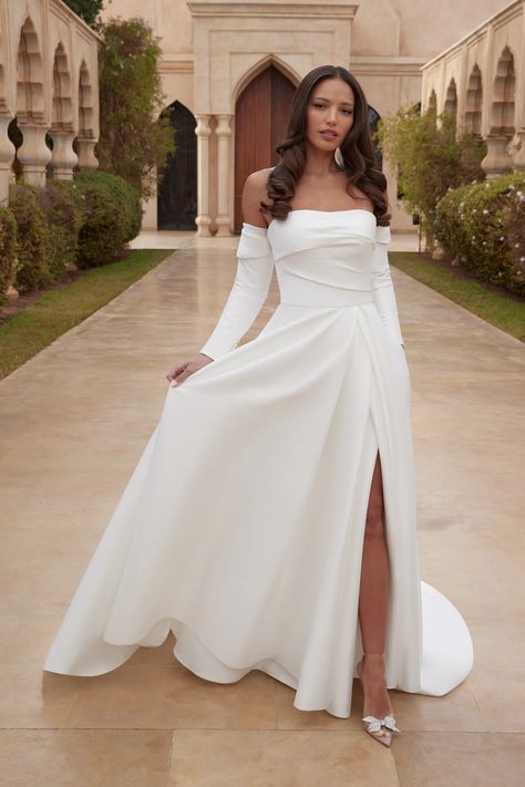 44416: Strapless Stretch Mikado A-Line with Draped Straight Neckline | Sincerity Bridal Wedding Dress Straight Neckline, Wedding Dress Straight, Gown With Sleeves, Mikado Wedding Dress, Sincerity Bridal, Lovely Wedding Dress, Justin Alexander, Stunning Wedding Dresses, Satin Wedding Dress