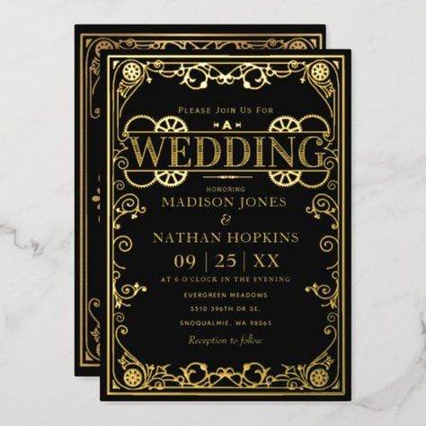 $4.15 | Elegant Victorian Steampunk Wedding #elegant, beautiful, gothic, gothic wedding, hallowedding, mystical, steampunk, steampunk wedding, victorian, gears Steampunk Wedding Invitations, Steampunk Invitation, Steampunk Wedding Themes, Creepy Wedding, Steampunk Birthday, Steampunk Western, Victorian Wedding Invitations, Luxury Invitation Design, Victorian Steampunk Wedding