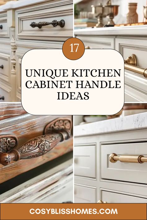 17 creative kitchen cabinet handle ideas await! Transform your space with varying styles like mixed metals, upcycled options, or bold chandelier pulls. These cabinet handles are more than practical; they’re the perfect way to add personality and flair to your kitchen design. Experiment with mixing modern and vintage styles or showcase a pop of color to make your cabinets shine. From rustic charm to sleek contemporary designs, changing your cabinet handles can offer a refreshing update. Discover the perfect finishes to highlight your unique kitchen style! Kitchen Cabinet Pulls Hardware Bronze, Cottage Cabinet Hardware, Kitchen Drawer Pulls White Cabinets, Farmhouse Kitchen Drawer Pulls, Trending Kitchen Hardware, Pulls Vs Knobs Kitchen, Kitchen Cabinet Pulls And Knob Ideas, Hardware For Dark Wood Cabinets, Mixing Hardware Finishes Kitchen