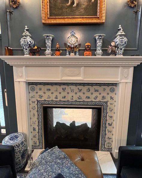 Fireplace Italian Style, Delft Fireplace Surround, Dutch Tile Fireplace, Hand Painted Tile Fireplace, Blue And White Fireplace Tile, Blue And White Tile Fireplace, Delft Tile Fireplace Surround, Blue Tiled Fireplace, Delft Tiles Fireplace