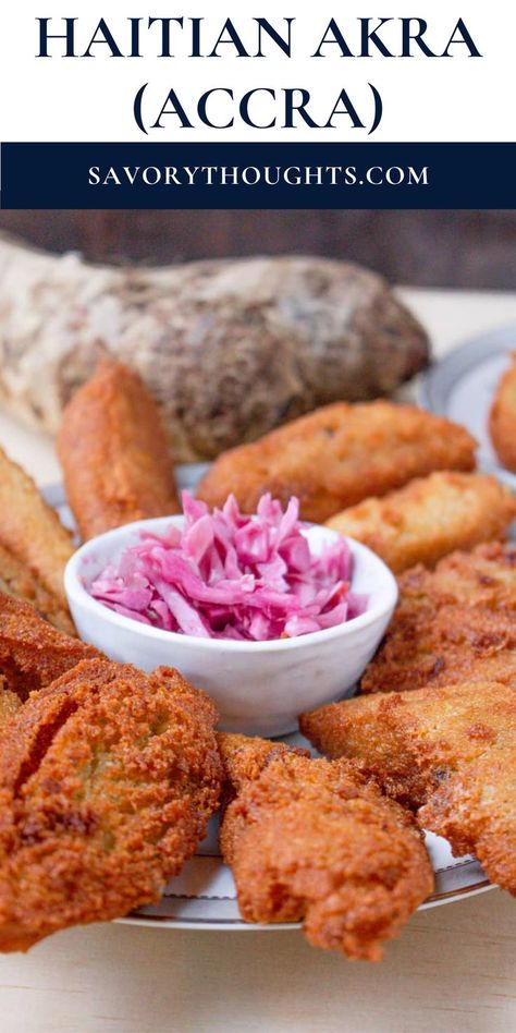 Haitian Akra (Accra) with cabbage. Haitian Akra Recipe, Haitian Fritay Recipe, Haitian Fritay Platter, Haitian Akra, Haitian Snacks, Haitian Breakfast, Haitian Cuisine, African Restaurant, Haitian Recipes