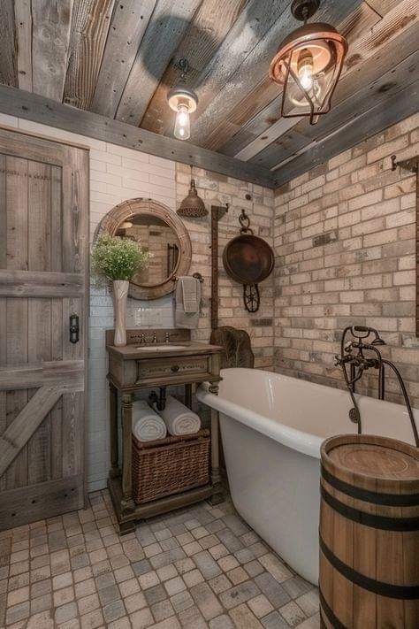 Rustic Wainscoting, Small Rustic Bathroom Ideas, Rustic Bathroom Shower, Rustic Bathroom Remodel, Cabin Renovation, Farmhouse Bathroom Ideas, Log Cabin Rustic, Barn Style Sliding Doors, Bathroom Tub Shower