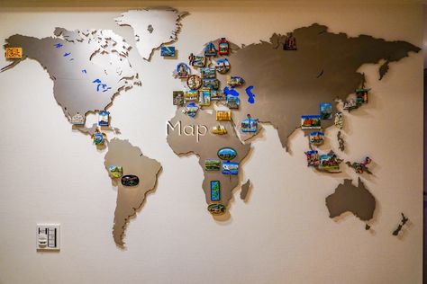 This magnetic stainless steel world map is covered with colourful refrigerator magnets from cities and countries. An exclusive travelmap. World Map Magnetic Board, Magnet Board, Magnetic Board, Refrigerator Magnets, Refrigerator, World Map, Magnets, Map, Stainless Steel