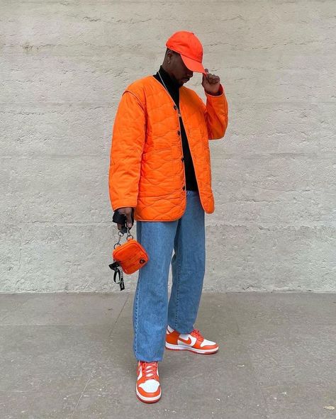 Orange And Blue Outfit Men, Blue And Orange Outfit, Blue Outfit Men, High Dunks, Modern Menswear, Bright Jacket, High Fashion Men, Blue Jean Outfits, Color Blocking Outfits