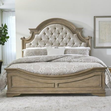 Accent your bedroom with the perfect blend of European Traditional design, using this unique upholstered panel bed. Upholstered in tufted Tweed Taupe Mist fabric, this bed features a Weathered Bisque finish with heavy chipping. The arched crowning and dog bone accents on each corner effortlessly add both definition and character, completing your look. Features : Bolt On Rail System Center Support Slat System Button-Tufted Tweed Taupe Mist Upholstery Chipping and Distressing Color: Multicolor.