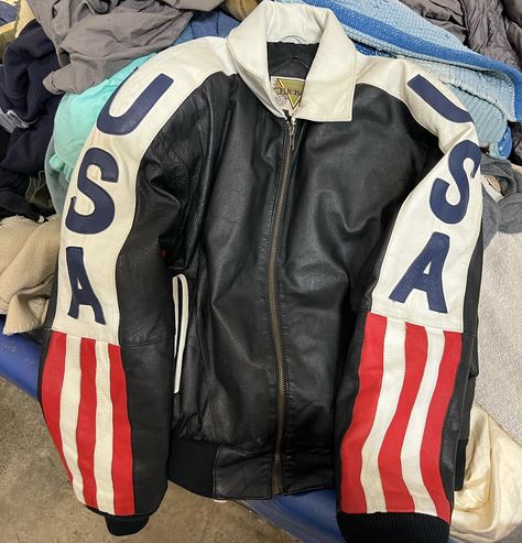 1980s USA Leather Jacket The details on this jacket are craaazy 🥵 each star, stripe, and letter is embroidered/stitched in. Super clean… | Instagram Winter Leather Jacket With Contrast Stitching, Classic Leather Jacket With Contrast Stitching, Leather Jacket With Contrast Stitching, Worn Vintage Leather Jacket, Vintage Band Shirts, Luxury Vintage Distressed Brown Leather Jacket, Vintage Ootd, Vintage Band Tees, Champion Reverse Weave