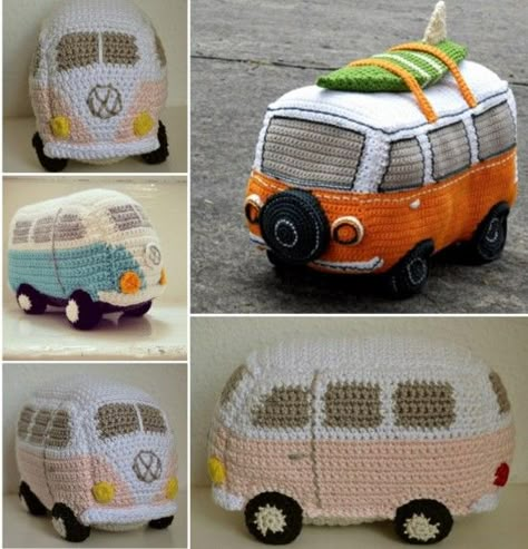 Surf Van, Crochet Car, Crochet Geek, Confection Au Crochet, Pola Amigurumi, Volkswagen Bus, Crochet Diy, Amigurumi Free Pattern, Vw Bus