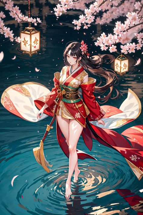 "Step into a realm of magic and grace with our digital painting. Behold the serene beauty of a solo warrior adorned in a crimson kimono, under the ethereal glow of cherry blossoms and lantern light. Discover the allure of tradition, nature, and tranquility. Perfect for those who cherish art and culture." Tales Of Graces, Enchanted Characters, Princess Games, Style Anime, Japanese Dress, Story Of The World, Stunning Wallpapers, Art And Culture, Anime Wallpapers